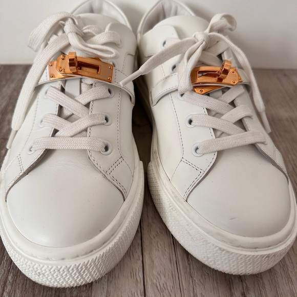 Hermes White Sneakers with Gold Hardware - Picture 1 of 9